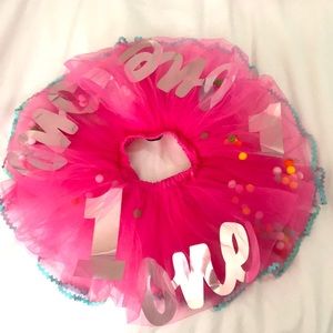 Mud Pie 1 year old pink tutu skirt silver, pompoms